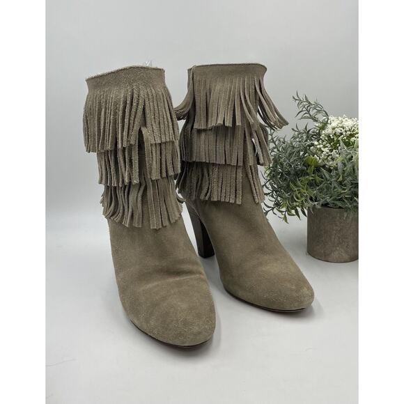 Joie Rockefeller Urban Cowgirl Triple Fringe Beige Suede Heel Boots Sz 41/10.5 - Picture 1 of 16